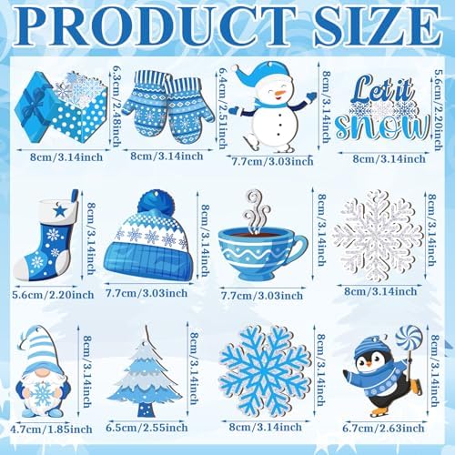 Qunclay 36 Pcs Winter Ornaments for Tree Blue Christmas Snowflake Wooden Hanging Ornament Snowman Gnome Wonderland Wood Pendant Winter Decorations for Home Small Tree Party Decor