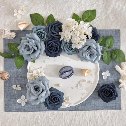 TINGE TIME Navy Blue White Artificial Flower Combo, Rose