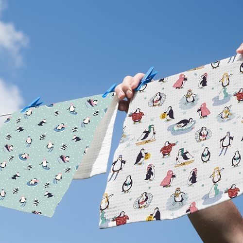 XPH Winter Penguin Kitchen Dish Towels Set of 2, Cute Penguin Gifts for Women Kids, Ski Gifts for Women, Cozy Winter Skiing Wild Animals Hand Towels Kitchen Tea Towel Decorations, 16x24inch