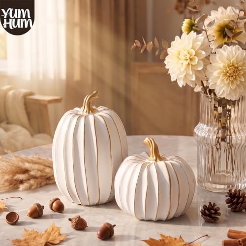 2Pcs Resin Pumpkin Figurines, Gold Stripe Fall Thanksgiving Decor