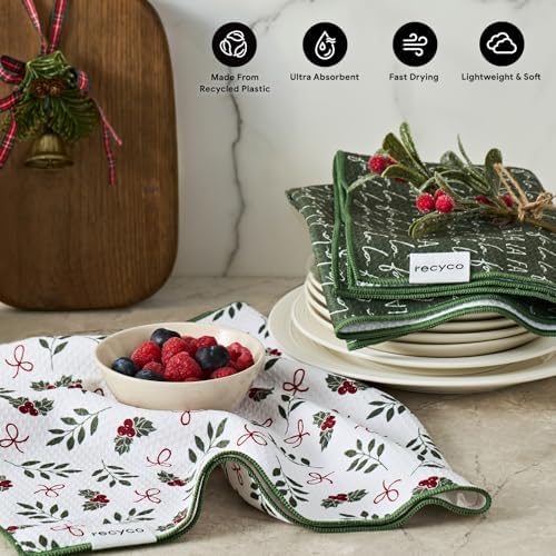 RECYCO Christmas Waffle Kitchen Towels Set of 2 - Quick Dry Microfiber Sustainable Dish Towels - Ultra Absorbent Reusable Cleaning Tea Towels - Lightweight Hand Towels,16”x 28”