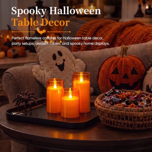 Homemory Halloween Orange Flameless Candles, Acrylic, Remote Timer, 3 Pack