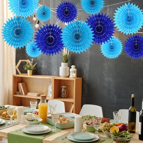 12PCS Paper Fans Blue Party Decorations Tissue Paper Flowers Decorations for Girl Groovy Birthday Baby Shower Wedding Bachelorette Room Wall Hanging Décor