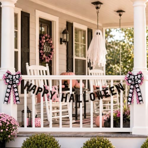 JarThenaAMCS Halloween Wreath Bow Ghost Boo Polka Dots Wired Edge Bow Pink Black Fabric Craft Bowknot for Front Door Tree Topper Indoor Outdoor Decor, 11 x 20.3 Inch