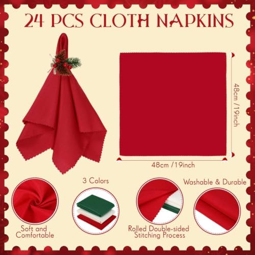 LemonRoad 36 Pcs Cloth Napkins and Napkin Ring Holders, Reusable Fabric for Table Decor Banquet Holiday Dinner Party Supply(Red, Dark Green,White,Christmas)