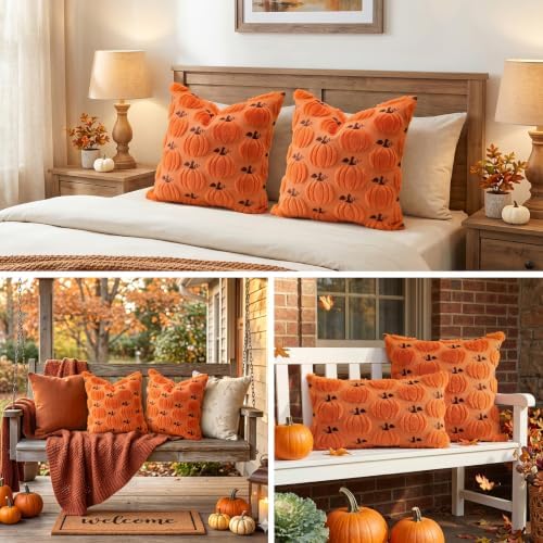 Artscope Fall Pumpkin Throw Pillow Covers 18x18 Set of 2, Autumn Soft Plush Faux Fur Decoration Cushion Covers for Thanksgiving Holiday Couch Sofa Bedroom Home Decor-Orange