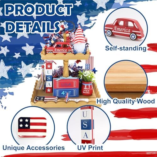 4th of July Decorations 8 Pcs Patriotic Tiered Tray Decor Set