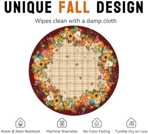 Fall Plaid Round Tablecloth 70 Inch, Stain Resistant Washable Fabric Autumn Harvest Pumpkin Table Cloth Round Fall Tablecloth Table Cover for Kitchen Dining Party