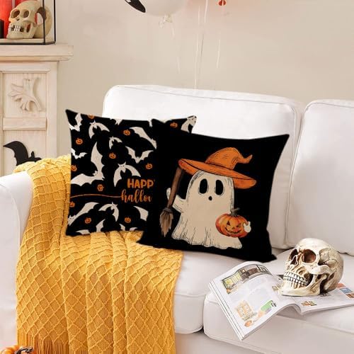 YeeJu Set of 4 Halloween Pillow Covers 18x18 Inch Cute Ghost Pumpkin Decor Throw Pillow Covers Black Plaid Happy Halloween Cushion Covers Linen Pillow Cases for Home Outdoor Sofa Couch (18 by 18)