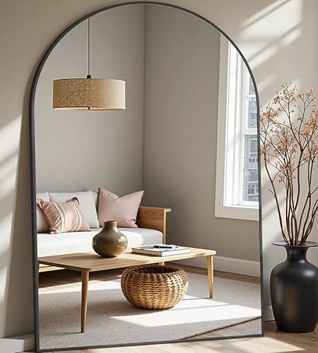 Prywot Full Length Mirror, Oversized 81"x41" Arched-Top Floor Mirror, Black