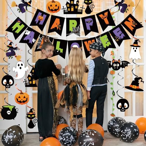 Halloween Party Decorations Happy Halloween Banner Ghost Pumpkin Witches Hanging Swirls Spooky Ceiling Hanging Streamers for Home Indoor Outdoor Halloweens Theme Party Decorations