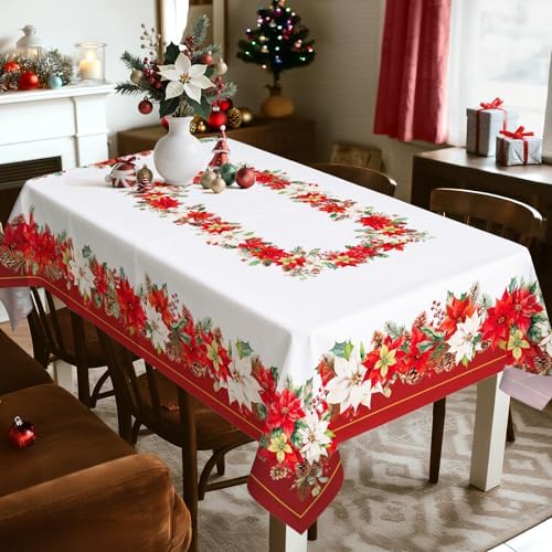 Christmas Floral Polyester Tablecloth, Red, 60 x 84 inch