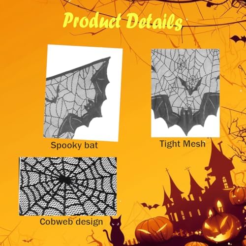 Halloween Fireplace Decorations, Fireplace Mantle Scarf Cover Garland Decor, Black Lace Spider Web for Door Windows for Festive Party (Style bat, black1)