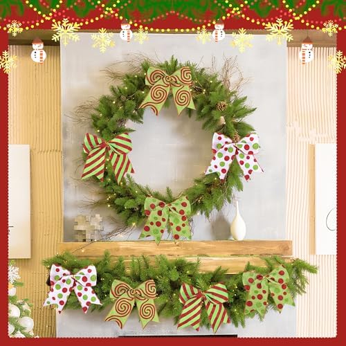 16 Pcs Red Green Christmas Bow Decoration, Glitter Polka Xmas Wreath Bows