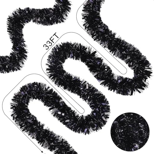 33ft Black Christmas Tinsel Garland,Xmas Metallic Twisted Hanging Garland for Chistmas Tree Fireplace Mantle Home Decoration