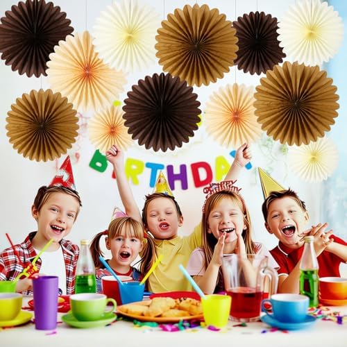 BestoFun 12PCS Paper Fans Brown Neutral Boho Party Decorations Tissue Paper Flowers Paper Fans Party Decorations for Girl Groovy Birthday Baby Shower Wedding Bachelorette Room Wall Hanging Décor