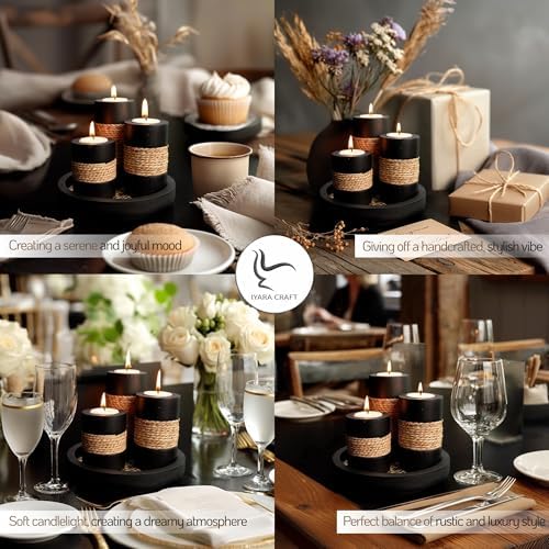 IYARA CRAFT Candleholder Set with Tray, Set of 3 Rustic Black Wooden Tealight Candle Holders with Natural Rope Accent