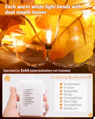 8 Modes & Timer Fall Decor Garland with Lights, 14.7ft/40LED String Lights