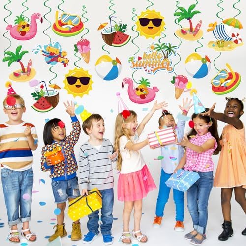 40Pcs Summer Hanging Swirls, Hello Summer Pool Beach Hanging Swirls Summer Hanging Decorations Streamers Foil Ceiling Swirls for Summer Hawaiian Luau Birthday Party Baby Shower Decor