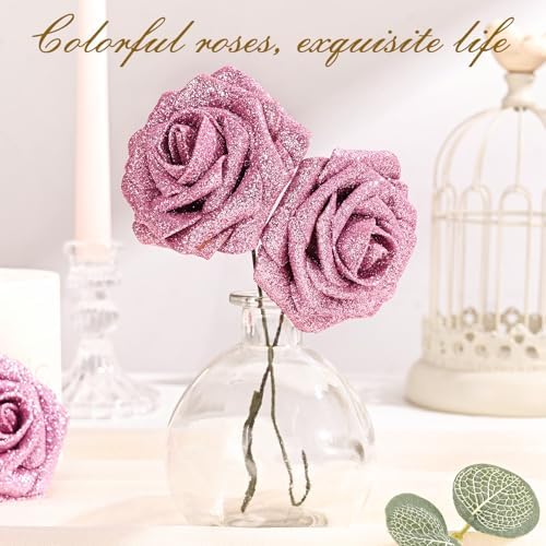 BLEUM CADE 36Pcs Artificial Flowers Glitter Roses with Stems for Wedding