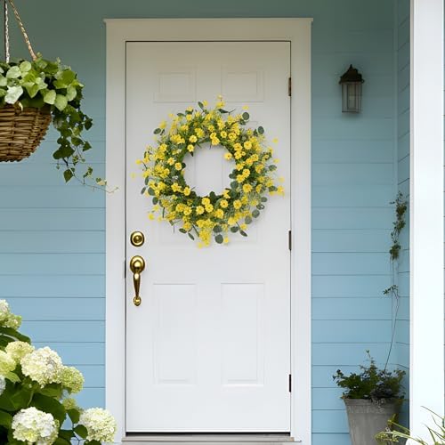 Pinkpum 22" Daisy Eucalyptus Wreath for Front Door, Artificial Spring Summer Floral Wreath for Front Door, Home