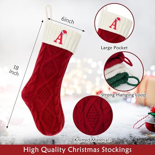 Christmas Stockings with Initials, Letter T Embroidered Xmas Stockings, 18" Large Monogram Knitted Xmas Stocking, Christmas Party Fireplace Family Hanging Stocking Decorations 1Pcs Red-White