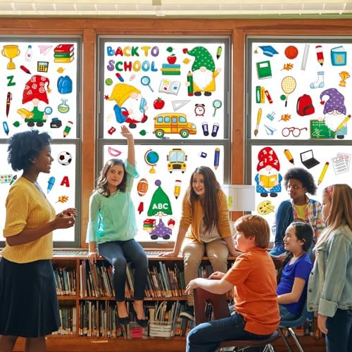 100 Pieces Double-Sided Back to School Gnome Theme Window Clings - Classroom Stickers and Decals for Glass Summer Decor