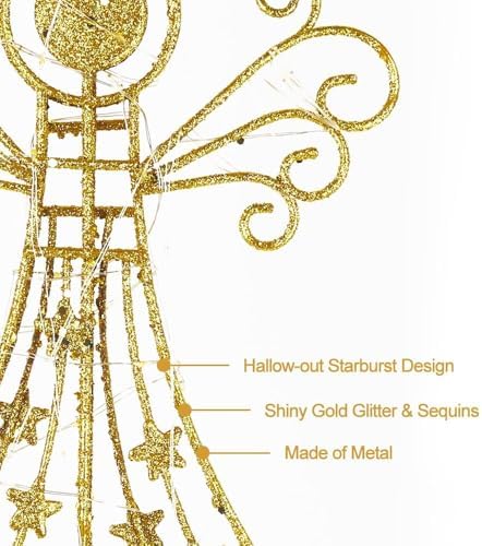 hogardeck Christmas Tree Topper, 12 Inches Glittered Gold Angel Tree Topper for Christmas Treetop, 30 LED Timer Sparkling Tree Toppers for Christmas Tree Decorations