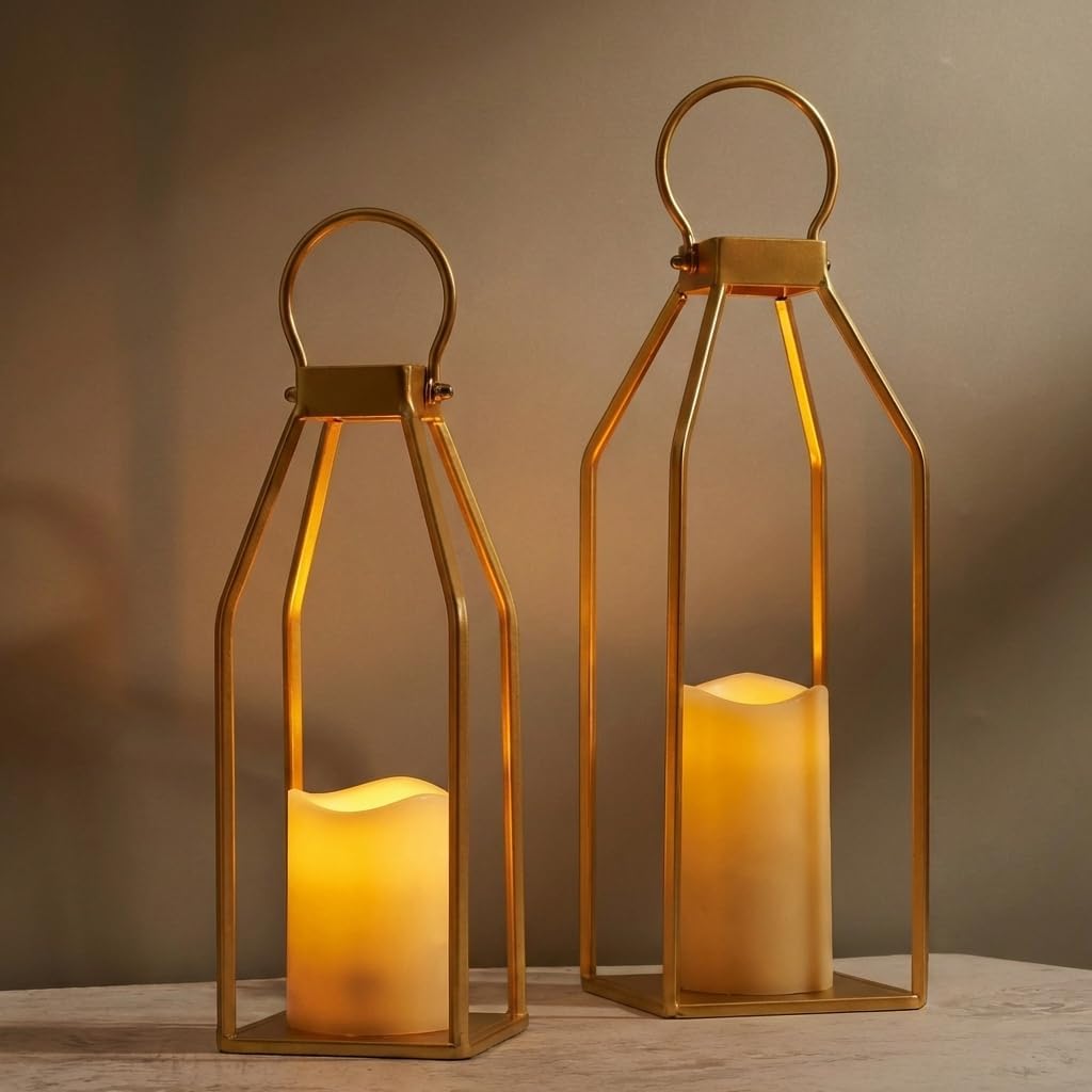Perfnique Modern Farmhouse Lantern Decor, 15'' 12.6'' Set of 2 Gold Metal Lanterns, 2 LED 6hr Timer Flameless Candles ＆