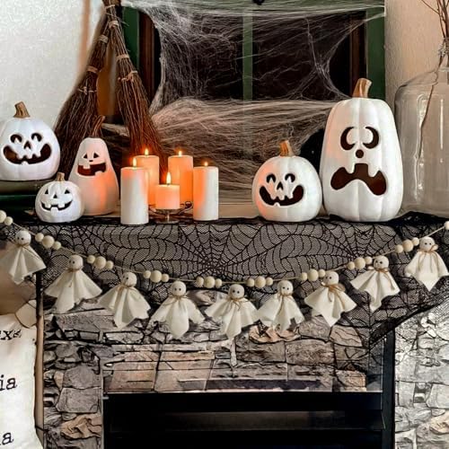 Bunny Chorus Ghost Halloween Garland: 1pc White Ghost Halloween Party Banner with Wood Beads, Cute Ghosts Halloween Garland Halloween Banner Decorations for Home Wall Mantel Doorways Front Decor