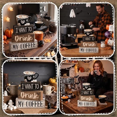 Moucuny 4 Pcs Halloween Coffee Wood Blocks Tiered Tray Decor Farmhouse