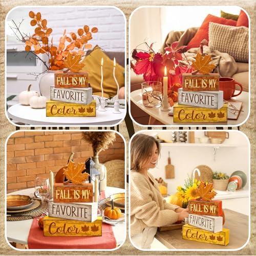 Lineshading 4 Pcs Fall Wooden Block Signs Farmhouse Tabletop Maple Leaf