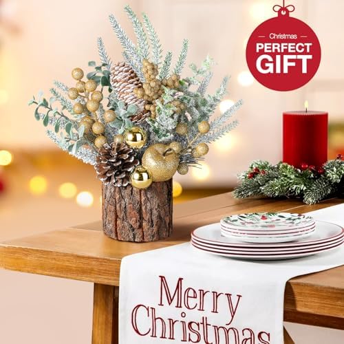 Hatisan Small Christmas Tree, Artificial Christmas Tree with Ornaments Pine Cone Berry, Tabletop Christmas Tree for Christmas Decorations Home Room Party Winter Indoor Outdoor(Gold-Round)