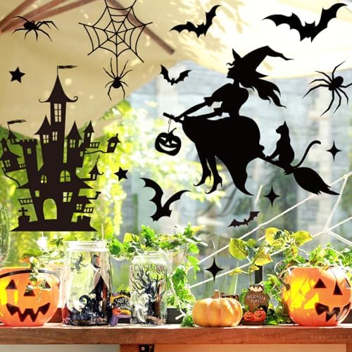 JarThenaAMCS Extra Large Halloween Window Clings Black Witch Castle Bat Window Stickers Double-Sided Glass Decals for Home Classroom Office Party Decoration, 4 Sheets