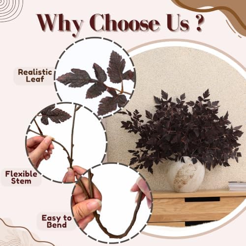 PERFNIQUE 4 Pack Artificial Plum Cimicifuga Leaf Sprays, 24" Faux Ramosa Branches for Vase, Fall Floral Stems for Table Centerpiece, Farmhouse, Wedding, Mantel, or Halloween Decor