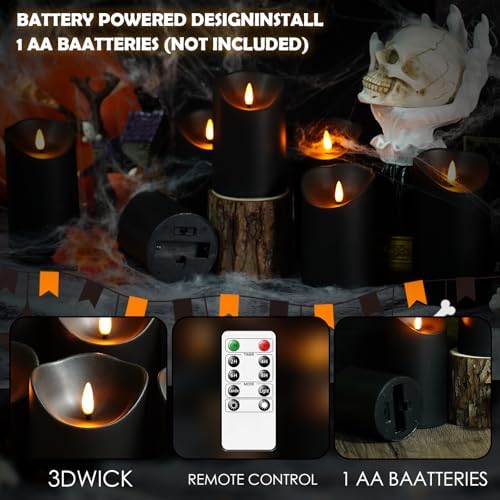 kakoya Flameless LED Candles Battery Operated with Remote and Timer,Flickering Electric Fake Plastic Pillar Candles Set of 12(D3 x H 3" 4" 5") Black