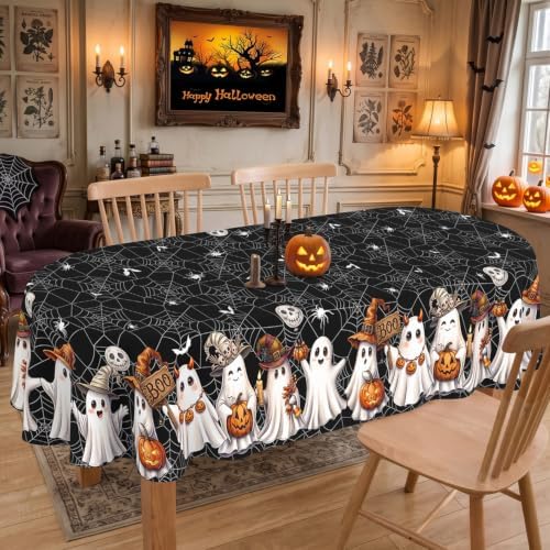 Black Halloween Tablecloth Oval 60 x 102 Inch, Washable Fabric Spider Web Ghost Table Cloth Oval Halloween Tablecloth Table Cover for Kitchen Dining Party