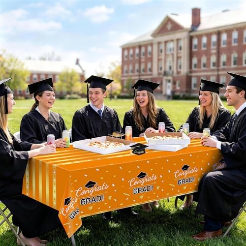 Childom 3 Pack Graduation Tablecloth,Graduation Decorations 2026 Graduation Party Decoration,54"x108" Orange and Gold Graduation Tablecloth,Disposable Plastic Tablecloth Rectangle for Graduation Party