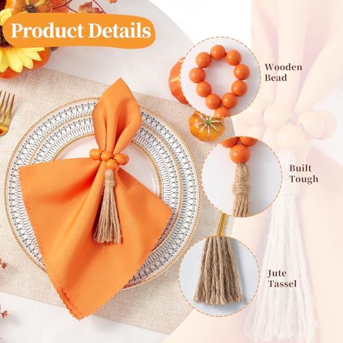 APTWOW Napkin Rings Set of 6, Wooden Bead Napkin Rings for Fall Table Decor