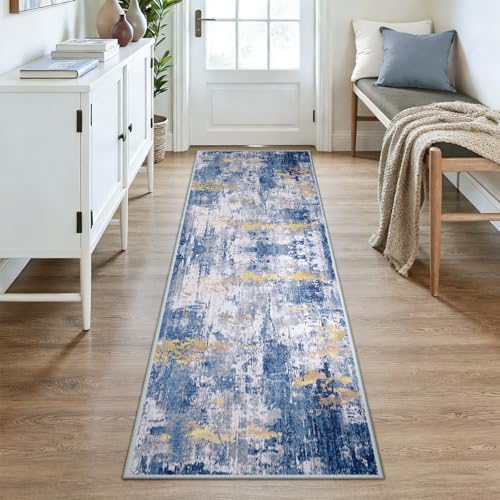 RELEANY Washable Runner 2'6"x8' Abstract Area Rug for Hallway Blue Gold
