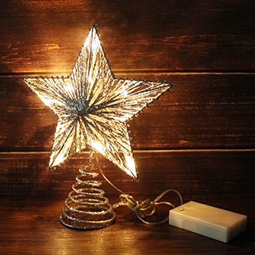 CVHOMEDECO. Silver Glittered 3D Tree Top Star with Warm White LED Lights and Timer for Christmas Tree Decoration and Holiday Seasonal Décor, 8 x 10 Inch
