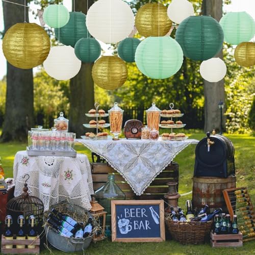 BEISHIDA Sage Green Gold Paper Lanterns 16Pcs 6/8/10Inch Round Chinese Lamp