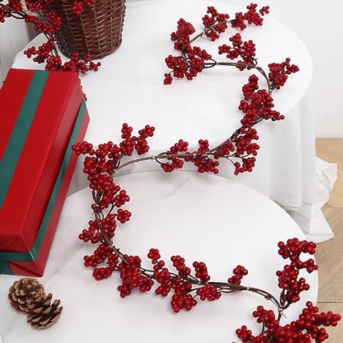 Christmas Red Berry Garland, Artificial Red and Burgundy Berry Christmas Garland Decor for Winter Christmas Indoor Outdoor Home Fireplace Table Decorations(Mini Berry)
