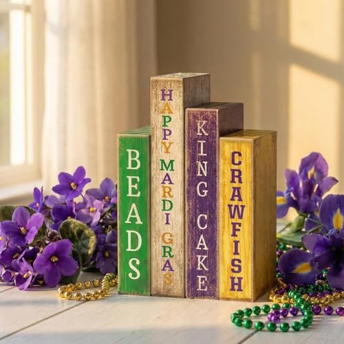 Lineshading 4 Pcs Mardi Gras Table Decor Rustic Wooden Book Carnival Signs