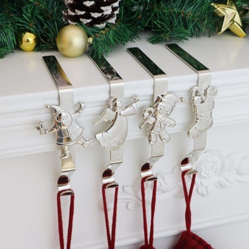 Christmas Stocking Holders for Mantle Set of 4, Reusable Christmas Stocking Hooks, No-Damage Xmas Hanger for Fireplace Mantle Grip Stand Christmas Decoration Ornaments Hanging Shelf Floor