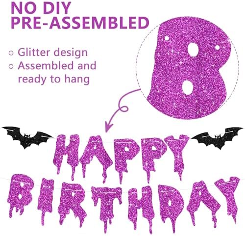 Purple Glitter Happy Birthday Halloween Banner- NO DIY - Halloween Hanging Paper Garland Bunting Banner Decorations, Party Supplies for Kids Boy Girl Birthday