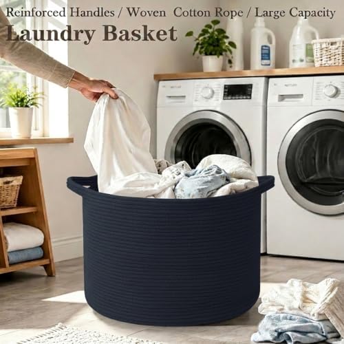115L Extra Large Woven Cotton Rope Laundry Basket-Navy Blue