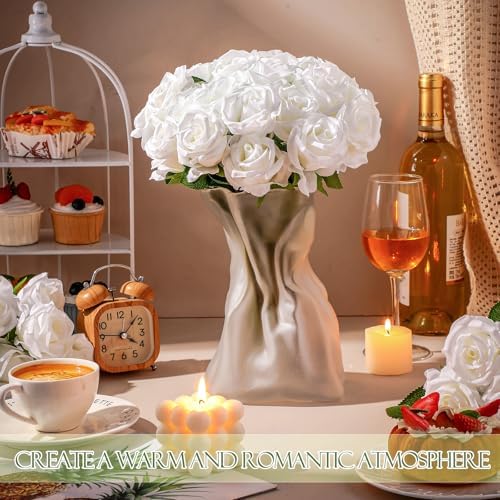 Jexine 100 Pcs Artificial Roses Flowers Bulk, Pure White