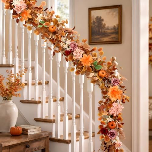 6FT Fall Garland for Mantle, Pumpkin Dahlia Garland Fall Decor