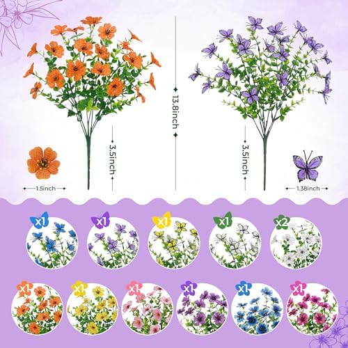 Der Rose 12Pcs Artificial Flowers for Outdoors, 8Pcs Silk Fake Flowers with 4Pcs Lifelike Butterfly Flowers, UV Resistant Faux Flowers for Outdoor Planters Window Boxes Patio Porch Garden Decoration